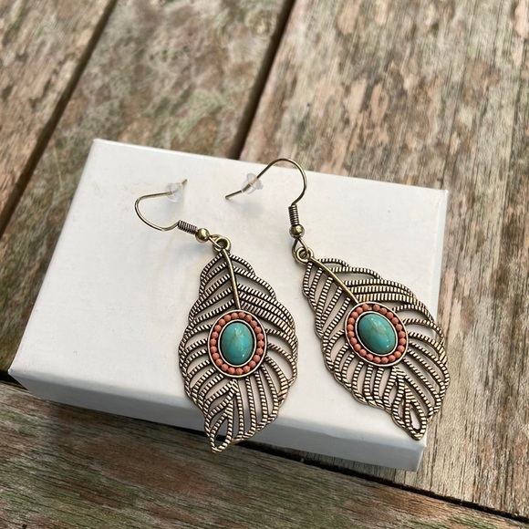 Feather Turquoise Stone Silver Drop Earrings - Picture 6 of 14
